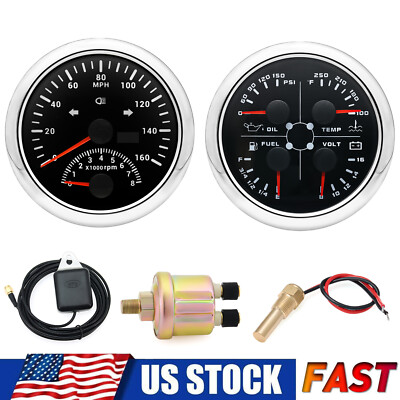 2 Gauge Set 85mm GPS Speedometer 0-160 MPH Tacho Fuel Temp Oil Volt with Sensor
