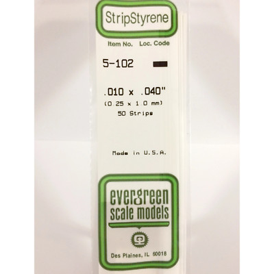 Evergreen 102 Styrene Plastic Strips 0.010'' x 0.040'' x 14'' (10)