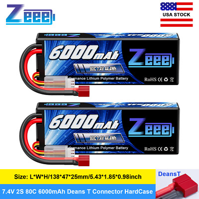 2x Zeee 7.4V 80C 2S Lipo Battery 6000mAh Deans T Hardcase for 1/8 Scale RC Car