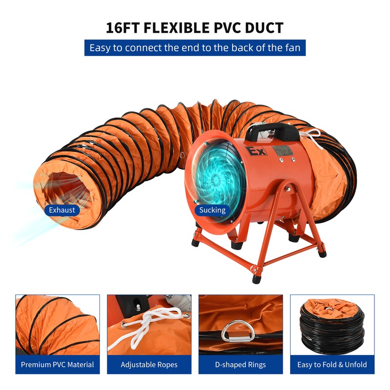 10'' Explosion Proof Axial Fan 350W 110V Extractor w/ 16ft PVC Duct Portable