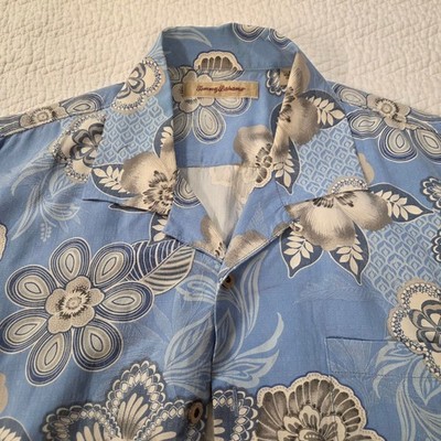 Tommy Bahama Mens Large Blue Silk Floral Hibiscus Hawaiian Camp Shirt RN86549