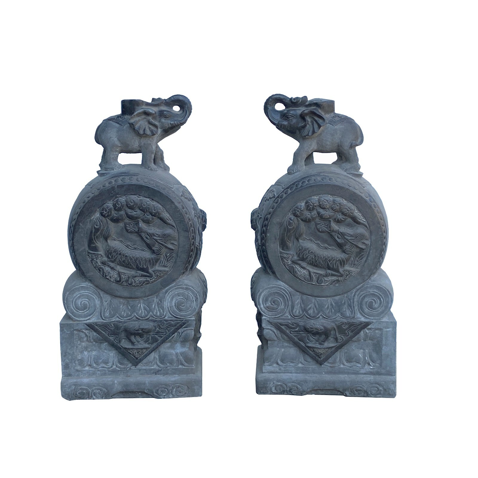Chinese Pair Black Gray Stone Fengshui Elephant Drum Statues cs7220S Chinese Pair Black Gray Stone Fengshui Elephant Drum Statues cs7220S