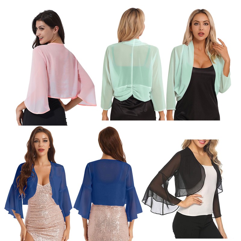 DE Damen Chiffon Bolero Schulterjacke Jacke Bolerojacke Cardigan