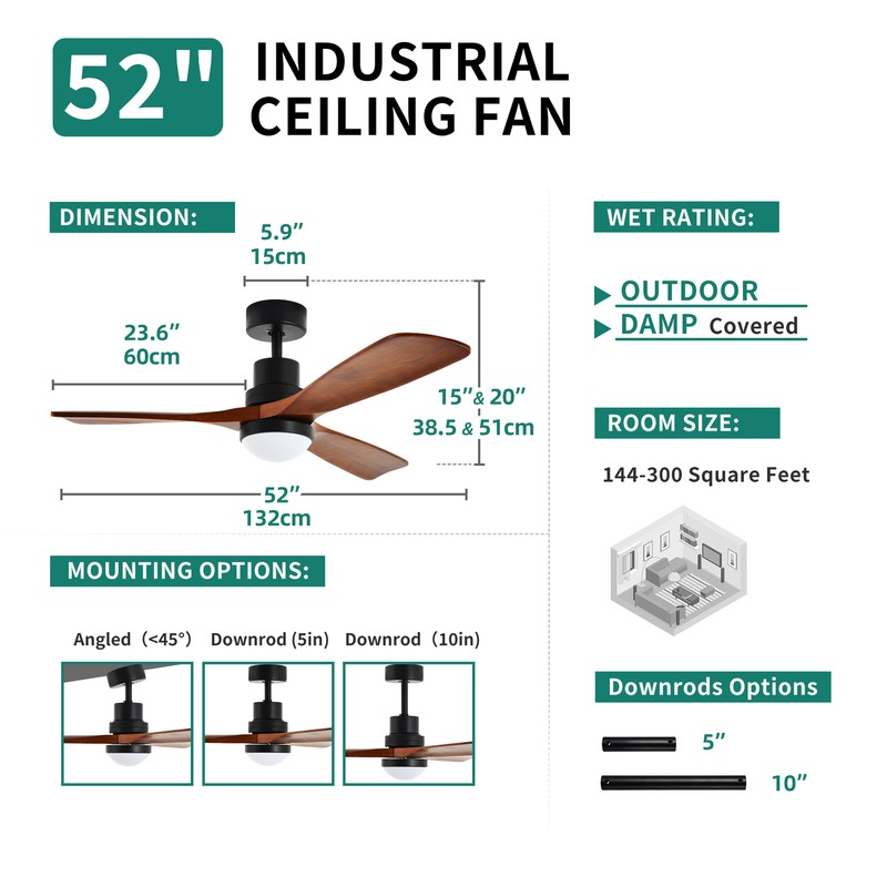 52 Inch Ceiling Fan 3 Blades Pendant Lamp with 6 Speeds Motor & Remote Control