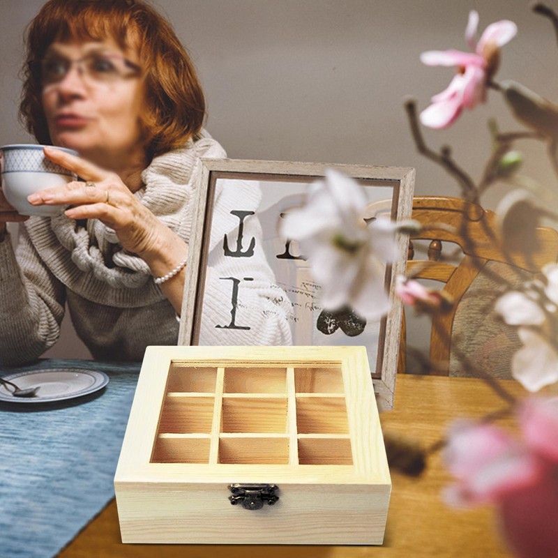 Tea Storage Organizer Caddy with Viewing Window Wood Chest Tea Bags Container
