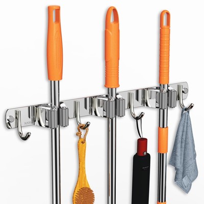 Mop and Broom Holder Wall Mount, Upgraded Broom Organizer Wall Mount, Stainle...