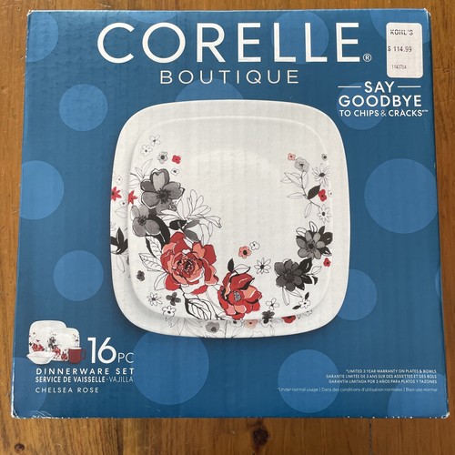 NIB CORELLE BOUTIQUE CHELSEA ROSE FLORAL 16 PC DINNERWARE SET Square Plate Bowl