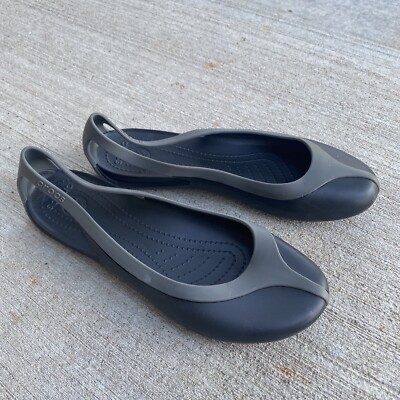 Crocs Shoes Womens 10 Black Gray Ballet Flats Slip On Sandals Comfort