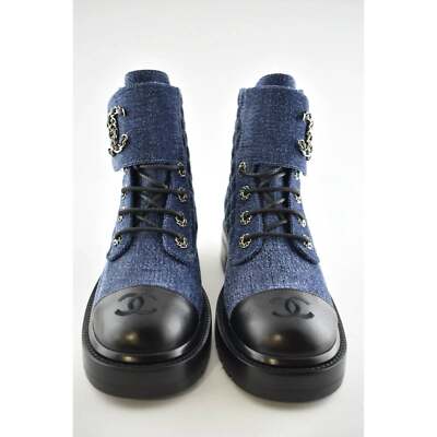 Pre-owned Chanel 21a Blue Black Quilted Cc Chain Combat Lace Up Tie Ankle Short Boots 39