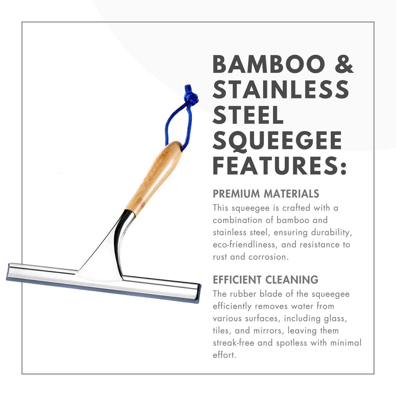 Stainless Steel Bamboo Squeegee For Bathroom Shower Mirror / Windows Cleaning