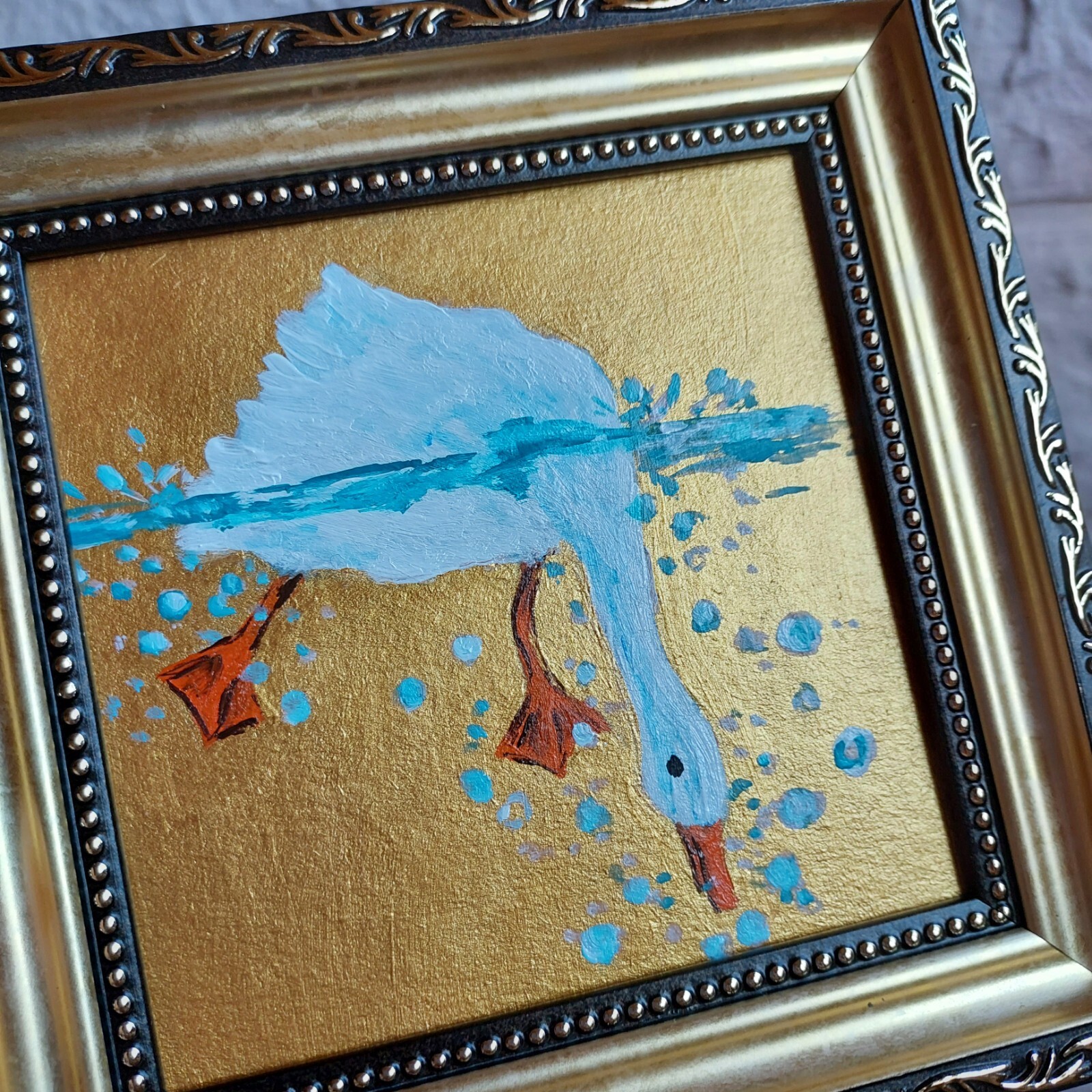 White Goose Painting Original Miniature Geese Artwork Bird picture Golden FRAMED