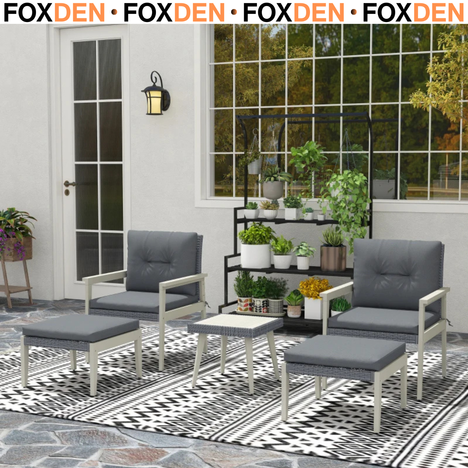 5 Pcs Rattan Patio Furniture Set Adjustable Footpads w/  Wood Top Table - Grey