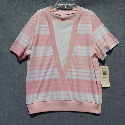 NWT VTG 80s JANTZEN Deep V Striped Short Sleeve Top Pink White SZ L Made in USA