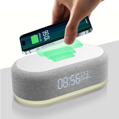 Digital Alarm Clock 15W Phone Wireless Charger Thermometer Date LED Night Light
