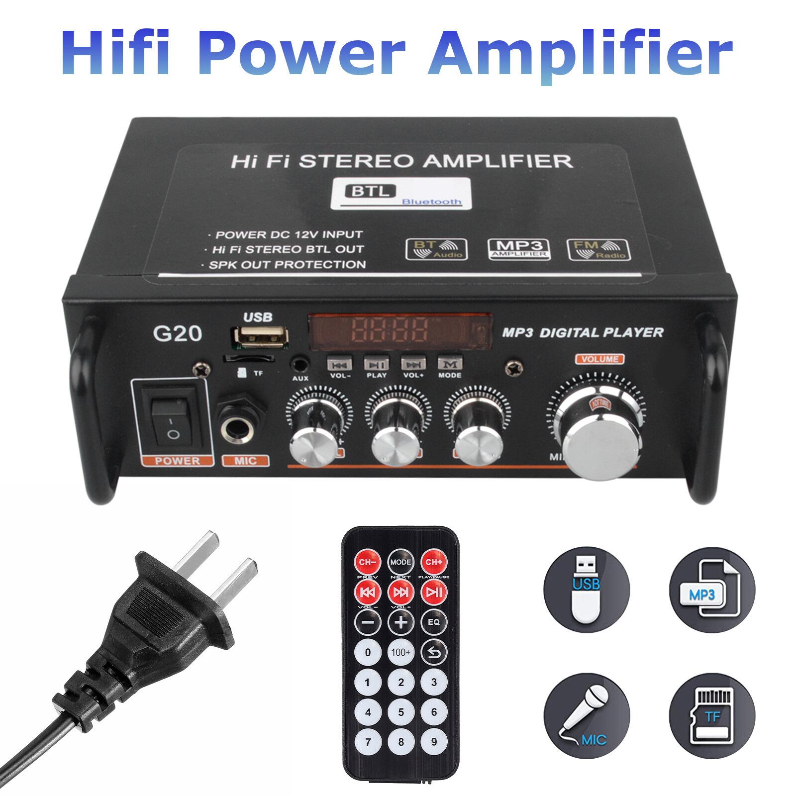 BT-298A 110V 12V HIFI Bass Car Audio Stereo Power Amplifier 