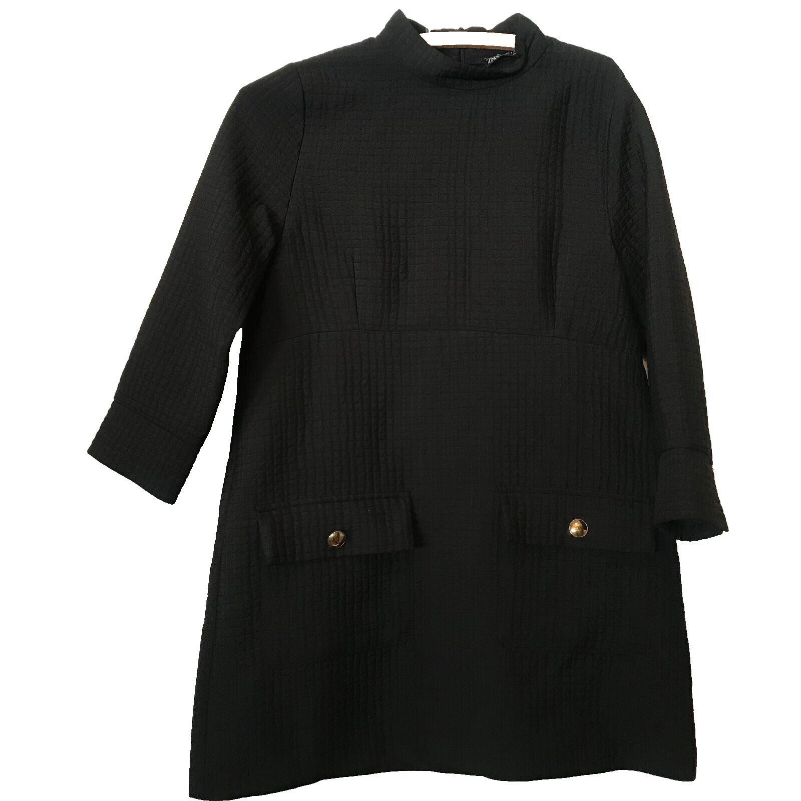 New Zara Black Mock Neck Quilted Dress Gold tone Buttons