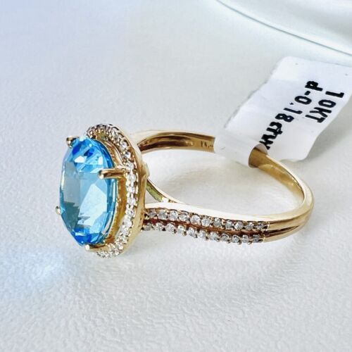 Solid 10k Yellow Gold Genuine Swiss Blue Topaz & Diamond Halo Ring, Size 7 New - Picture 5 of 9