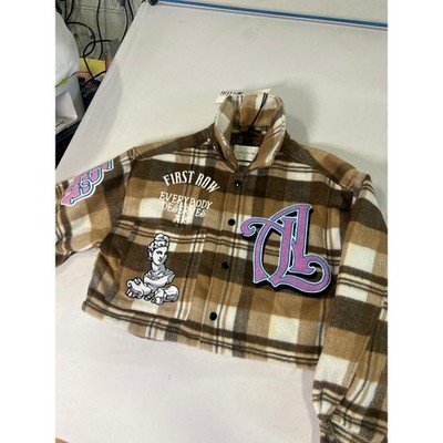 First Row Womens Large Brown Plaid Cropped Shacket Art Graphic Jacket NWT
