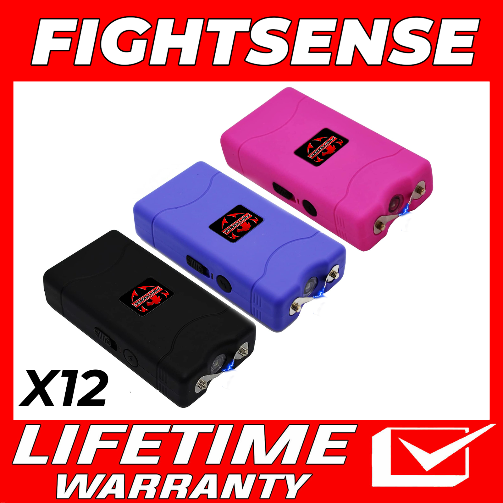 (12) FIGHTSENSE Mini Stun Gun 10 Mil Volts W/Led Light 3 Color M Wholesale Lot