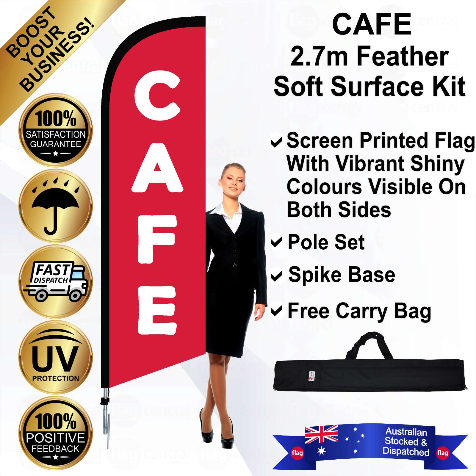 CAFE Red 2.7m Feather Flag / Banner Kit with Pole Set, Galvanised Steel Ground Spike and a Free Carry Bag