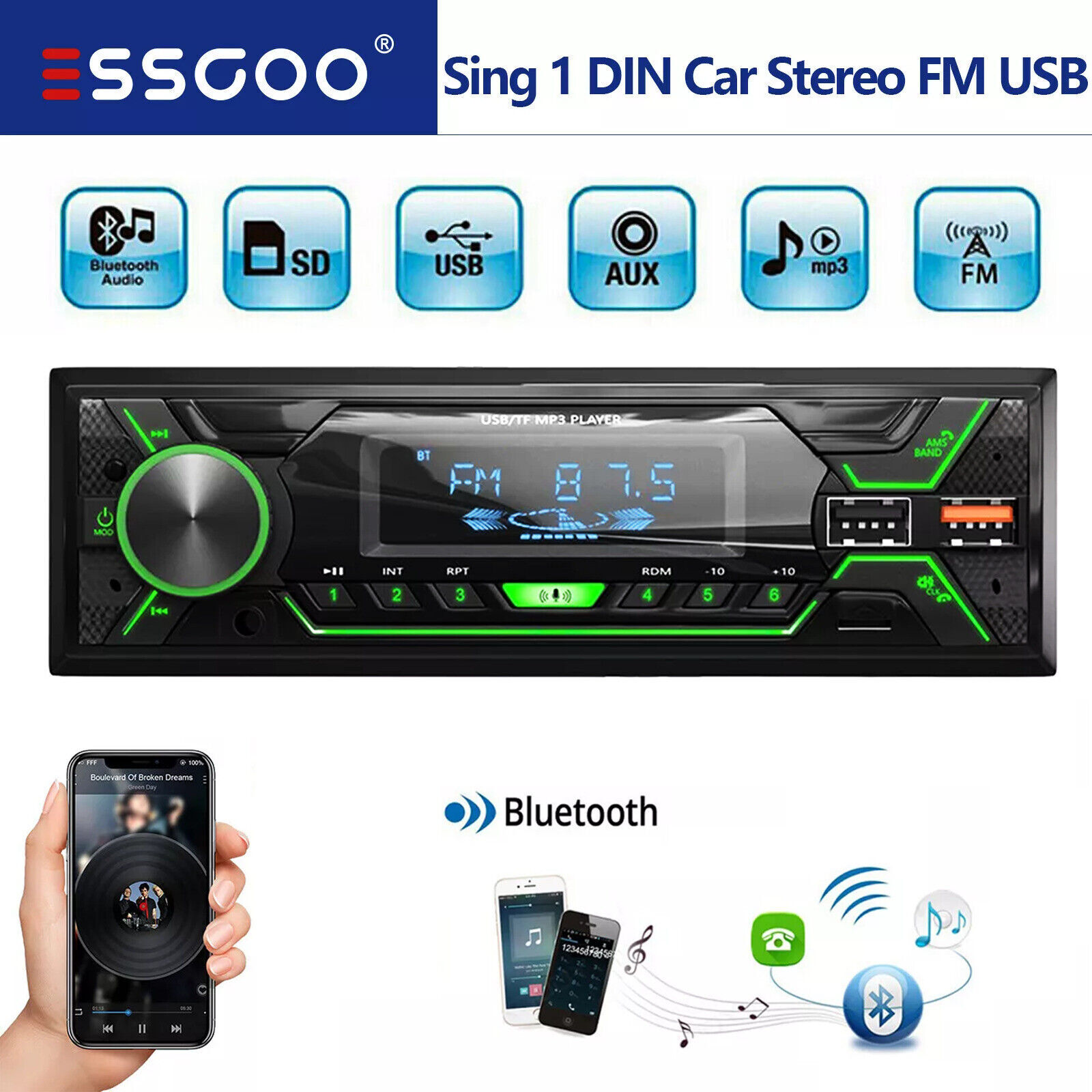 ESSGOO Single 1 Din Car Stereo Bluetooth Radio FM USB SD In-Dash Player AUX SD