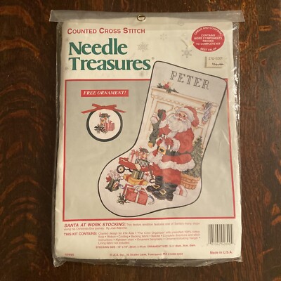 Needle Treasures SANTA AT WORK Cross Stitch Stocking Kit 02890 w/ ornament