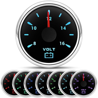 Voltmeter Gauge 7 Color Backlight 2-1/16'' 52mm Voltage Range 8-16 Volts for 1...