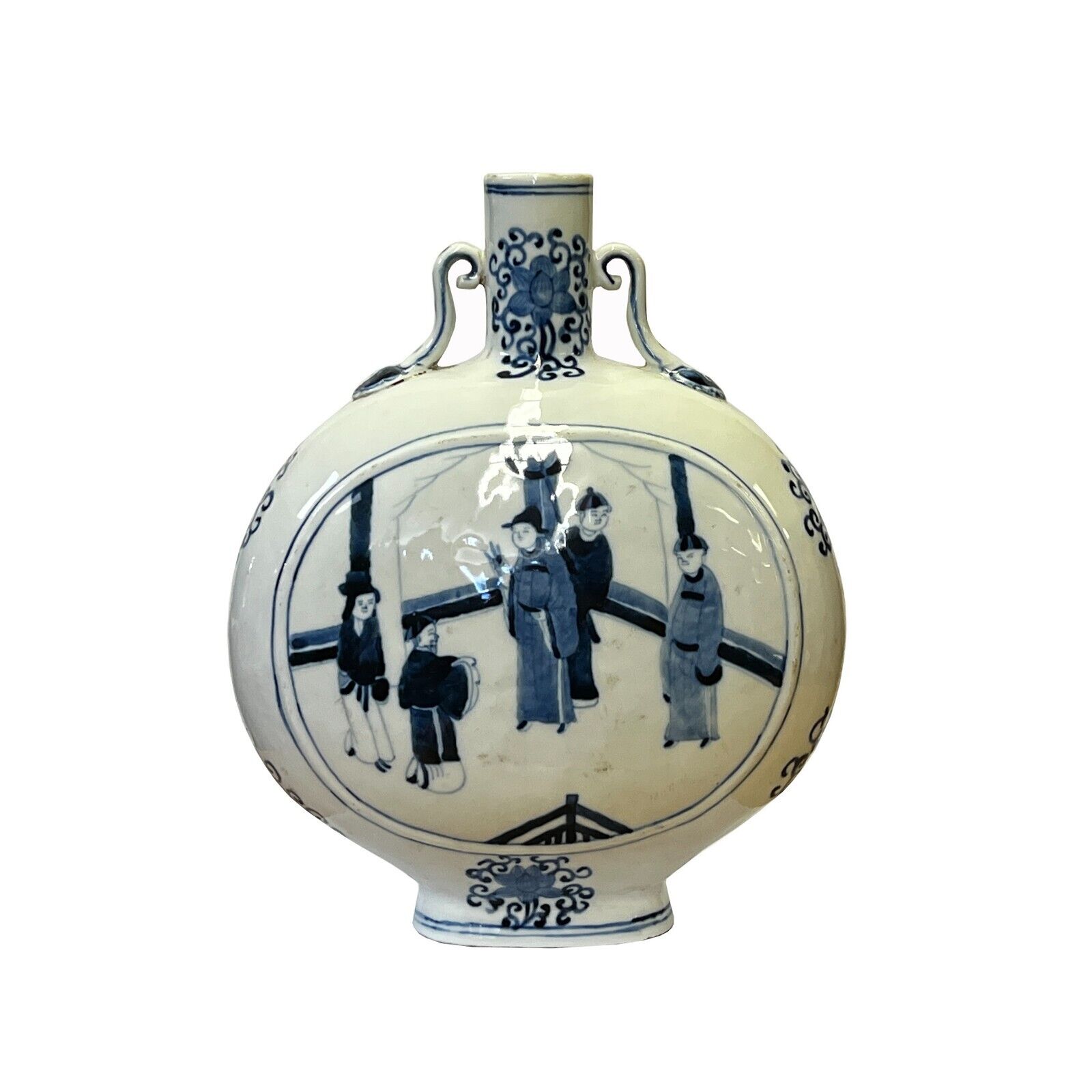 Chinese Blue White Porcelain Oval Flat Body People Theme Vase ws2992S Chinese Blue White Porcelain Oval Flat Body People Theme Vase ws2992S
