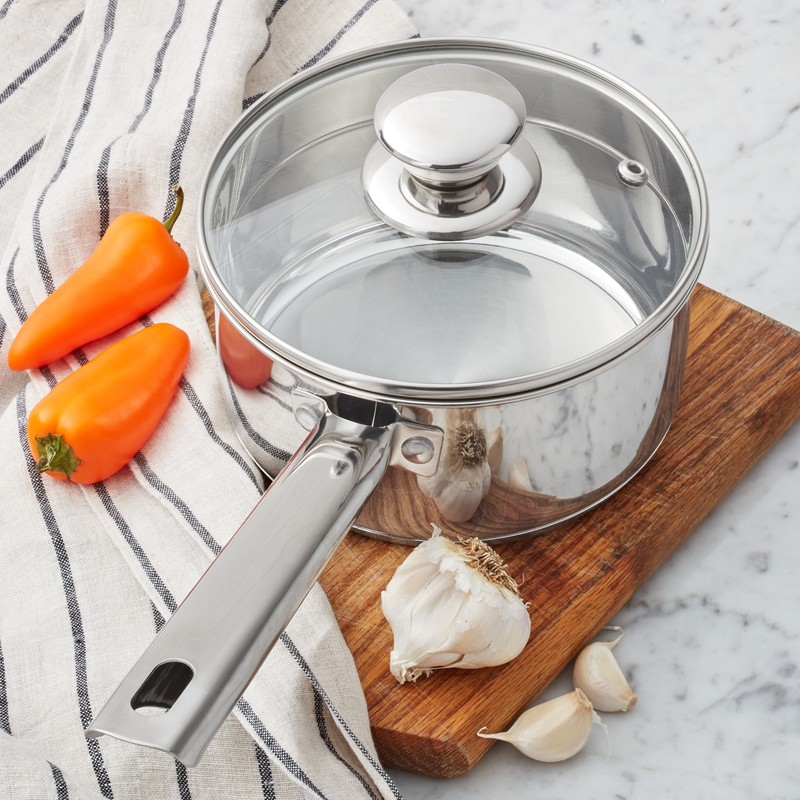 Stainless Steel 1-Quart Saucepan with Straining Lid Perfect for Soups