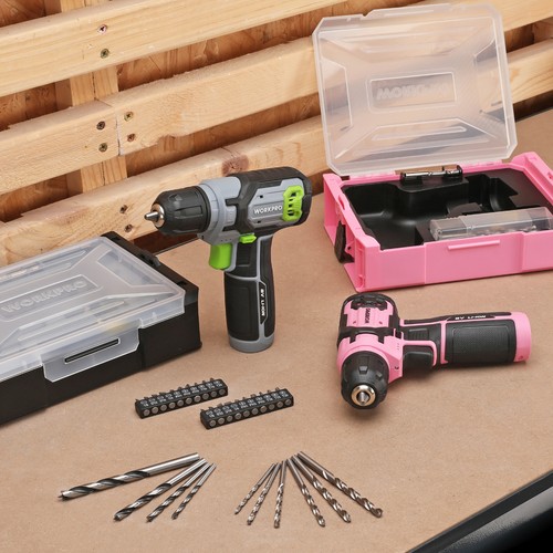 WORKPRO Power Drill Set&Stackable Tool Box, 8V Cordless Drill Driver Pink /Gray
