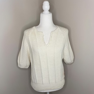 Vtg 80s Yarn Works Ivory Puff Sleeve Button Front Knit Sweater Large Lagenlook