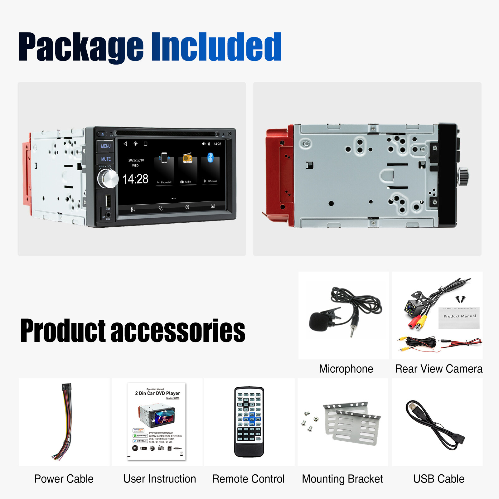 Car Stereo 6.2" 2 DIN CD DVD Player Carplay Android Auto FM AM Radio CAMERA MIC