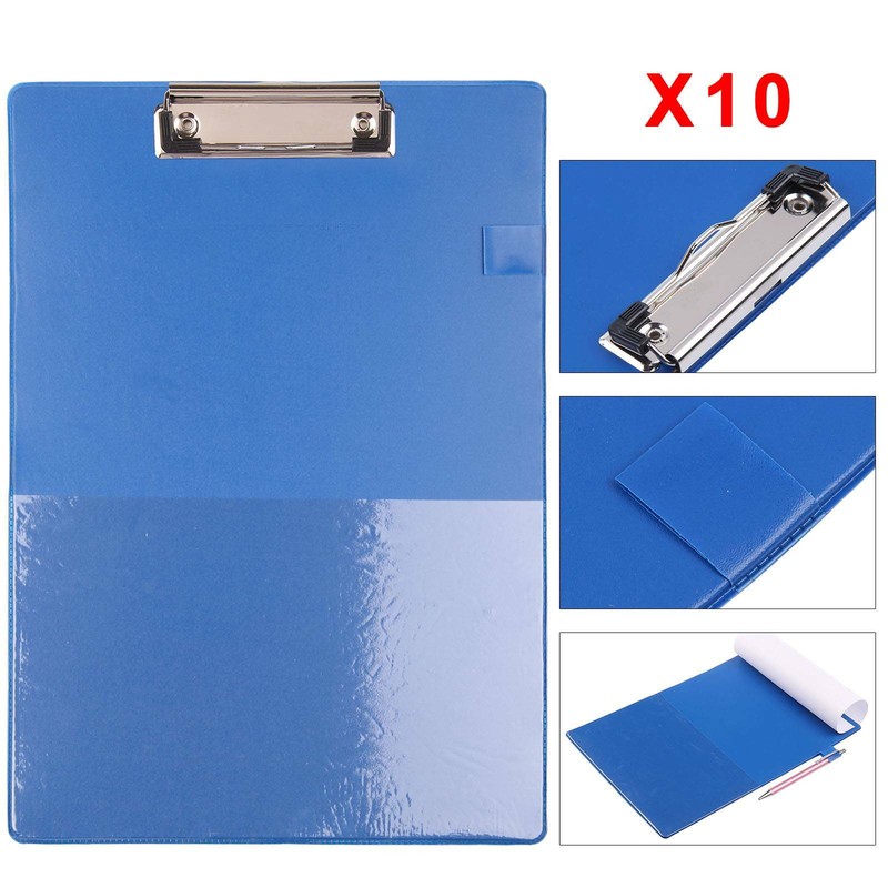 10 x A4 Clipboard PVC With Pen Holder Blue/Black Clip Board Clipboards