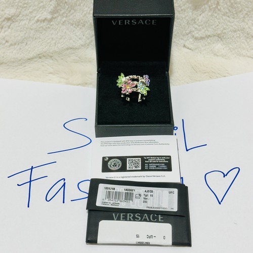 Pre-owned Versace Greca Multi Color Crystal Flower Bloom Silver Ring Size 15/us 7 $675