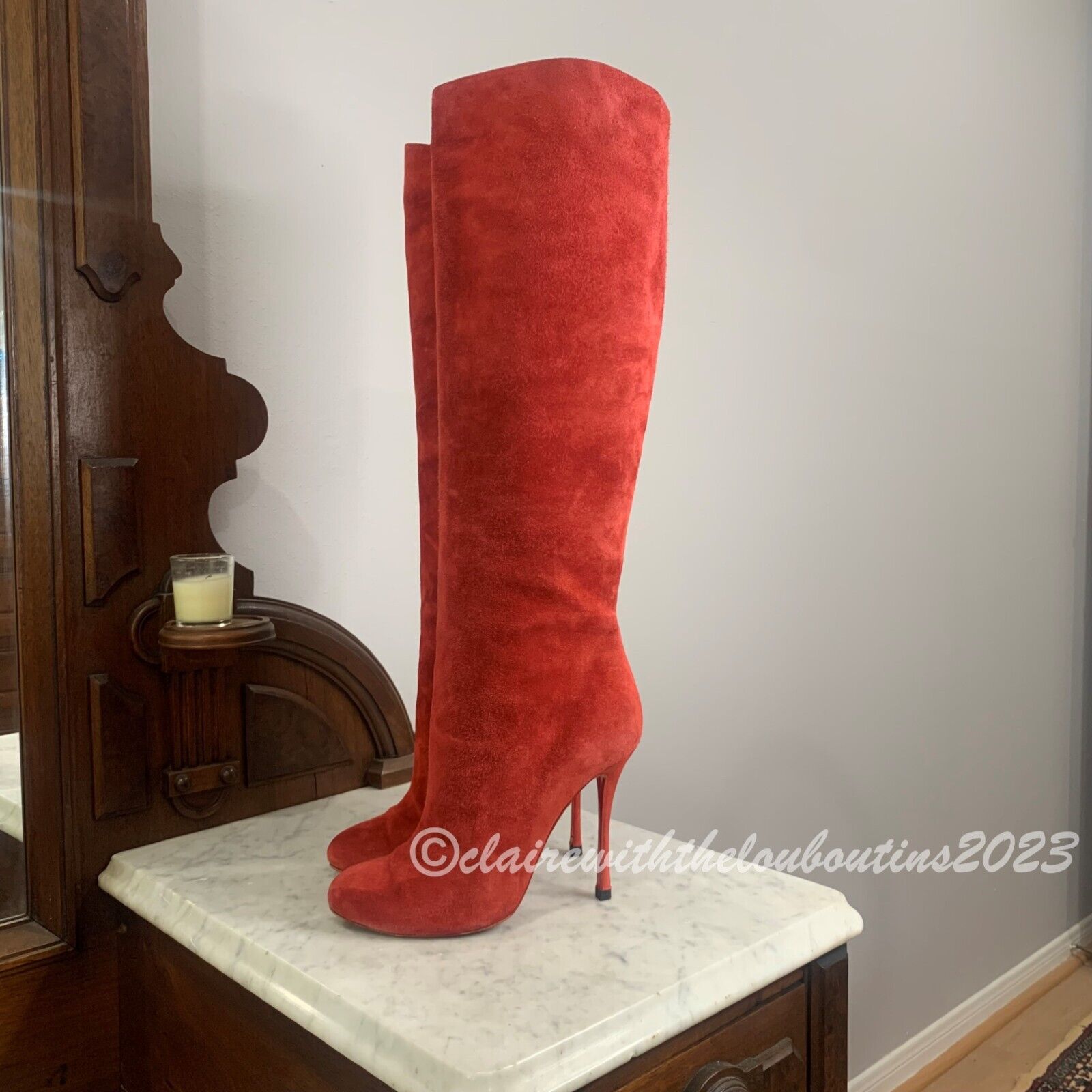 Christian Louboutin Vitish 100 Carmin Red Suede Knee Boots Christian Louboutin Vitish 100 Carmin Red Suede Knee Boots
