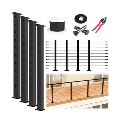Muzata 15-20ft Complete Set 36'' Cable Railing Post Kit Include 4Pack Black Ca...