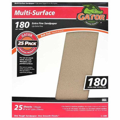 Gator 9'' x 11'' Multi-Surface Sanding Sheets 180 Grit 25 Pack