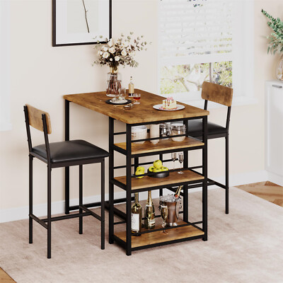 Dining Table Kitchen Table Set with 2 Upholstered Chairs 3 Large Storage Shelve