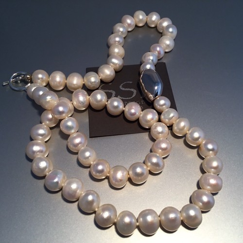 Pre-owned Simon Sebbag 925 Sterling Silver 10 Mm White Pearl Necklace 25”