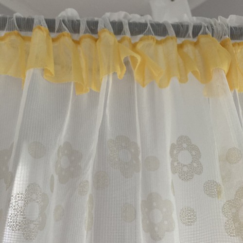 Vintage caravan / cafe curtain pair - white with yellow floral pattern and trim