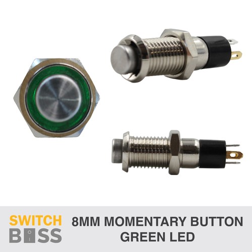 (On)-Off Momentary Push Button Switch With GREEN LED SPST 8mm (T-102 Series)