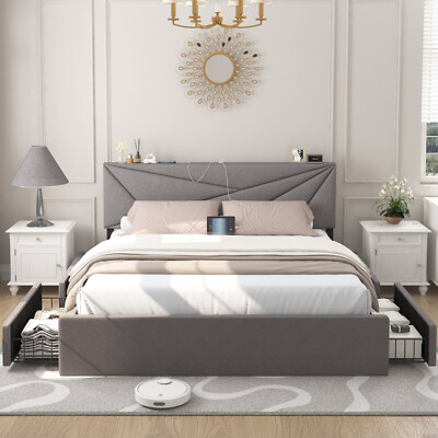 Upholstered Bed Frame Full/Queen with 4 Storage Drawers and Adjustable Headboard