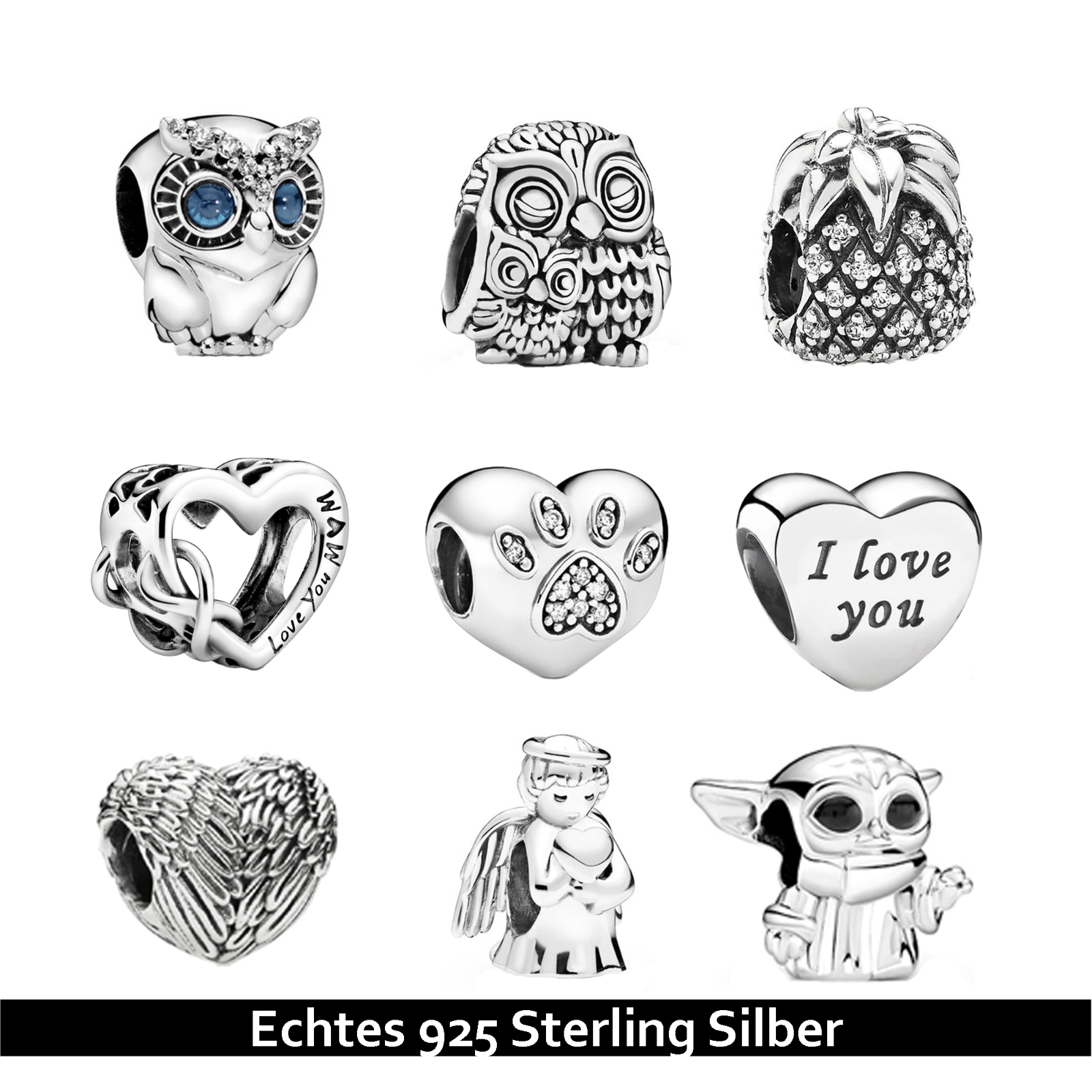 Charms Anhänger für Pandora Silber 925er Herz Liebe Yoda Ananas Mum Engel Hund