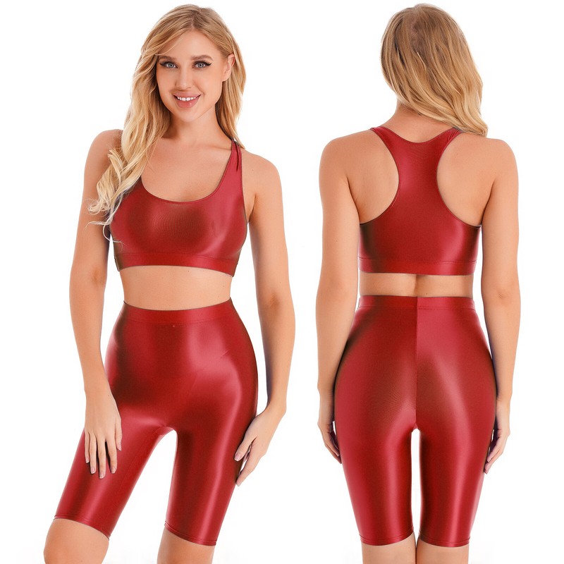 2Pcs Women Glossy Swimsuit Outfit U Neck Sleeveless Crop Top with Short Leggings 2Pcs Women Glossy Swimsuit Outfit U Neck Sleeveless Crop Top with Short Leggings