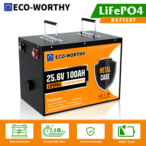 ECO-WORTHY 24V 100Ah LiFePO4 Lithium Battery Metal Case BMS 3000+Deep Cycles