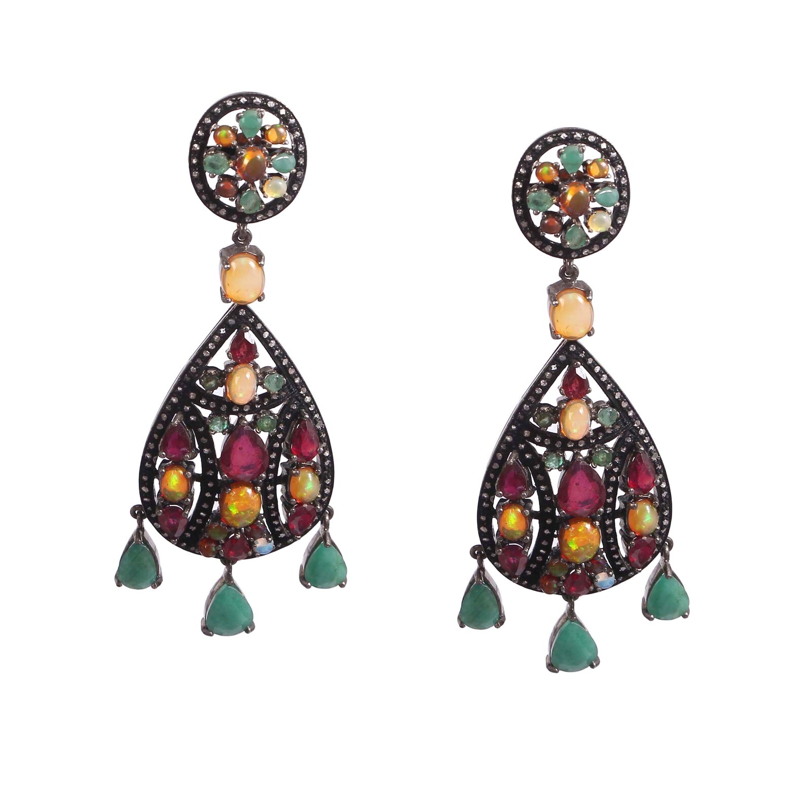 Ethiopian Fire Opal Ruby Emerald Diamond 925Sterling Silver Jewelry Earring