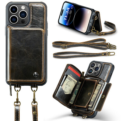 For iPhone 16 15 14 13 Pro Max RFID Blocking Wallet Crossbody Strap Leather Case