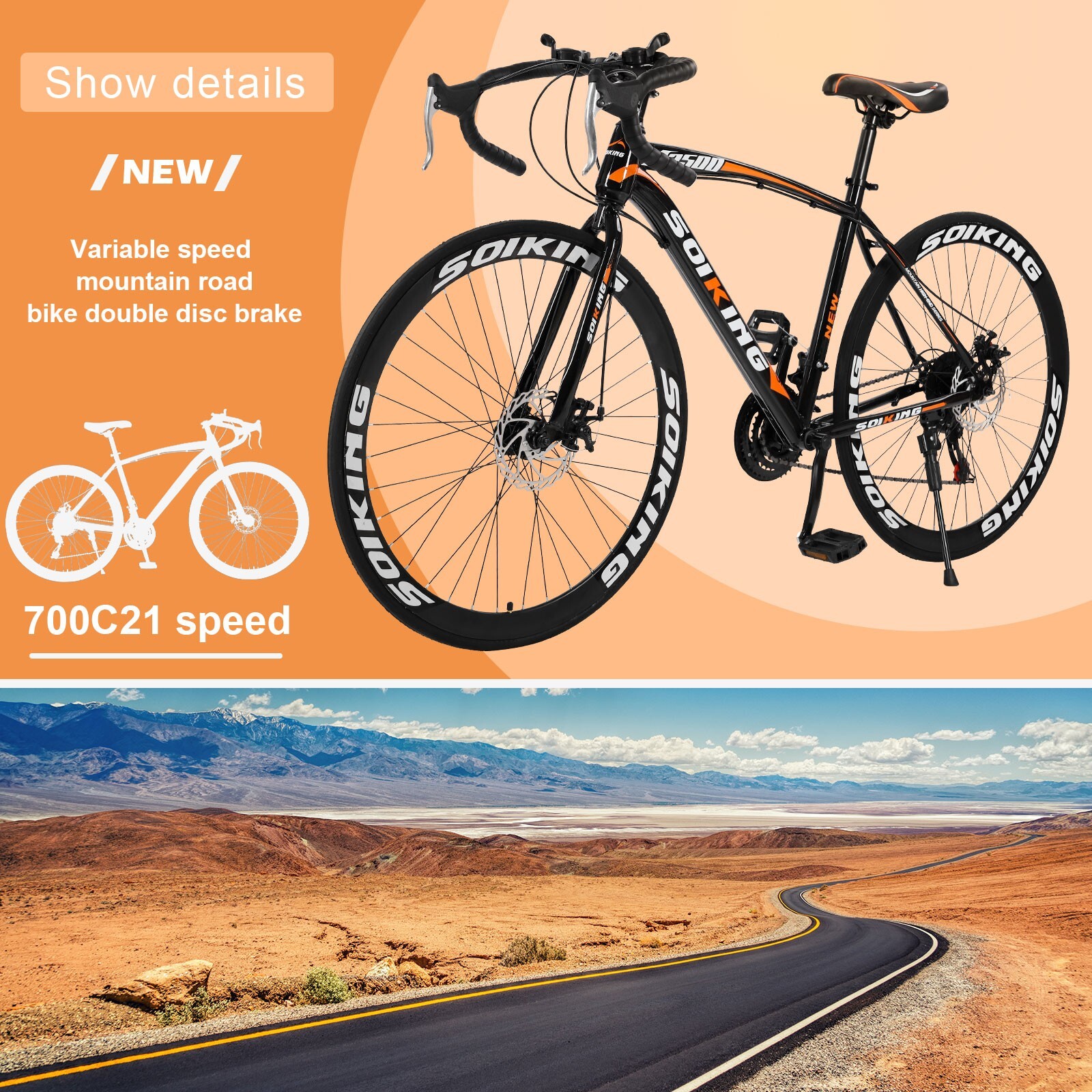 26 Inch Steel Road Bike for Adult Men & Women, 700C Wheel Racing Bikes for