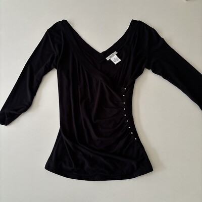 Cache Black Body Con Deep V-neck Shirt Top w Studs 3/4 Sleeve Women's Size XS