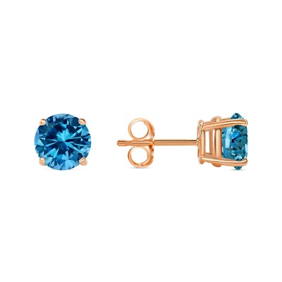 Pre-owned Shine Brite With A Diamond 2 Ct Round Cut Blue Earrings Studs Solid Real 14k Rose Gold Push Back Basket In Pink